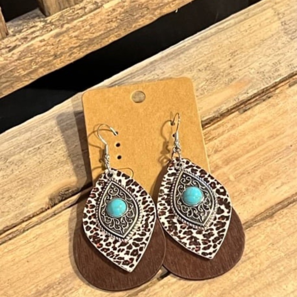 Leopard Print and Turquoise Drop Earrings